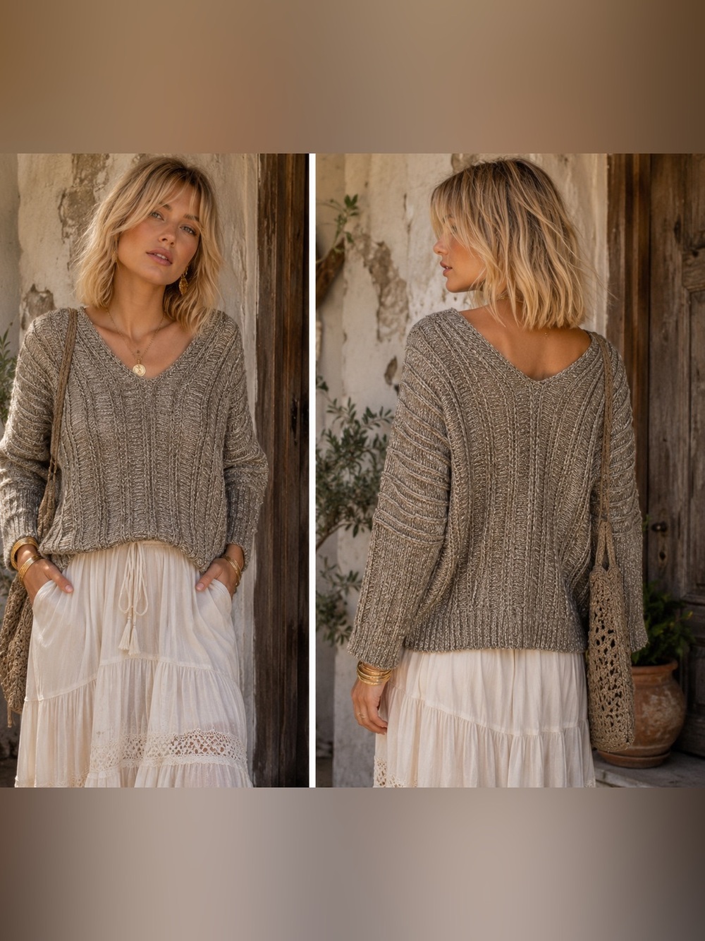 Costa Blanca Poncho Sweater Top Sz L Brown Boat Neck Knit Crochet wool blend